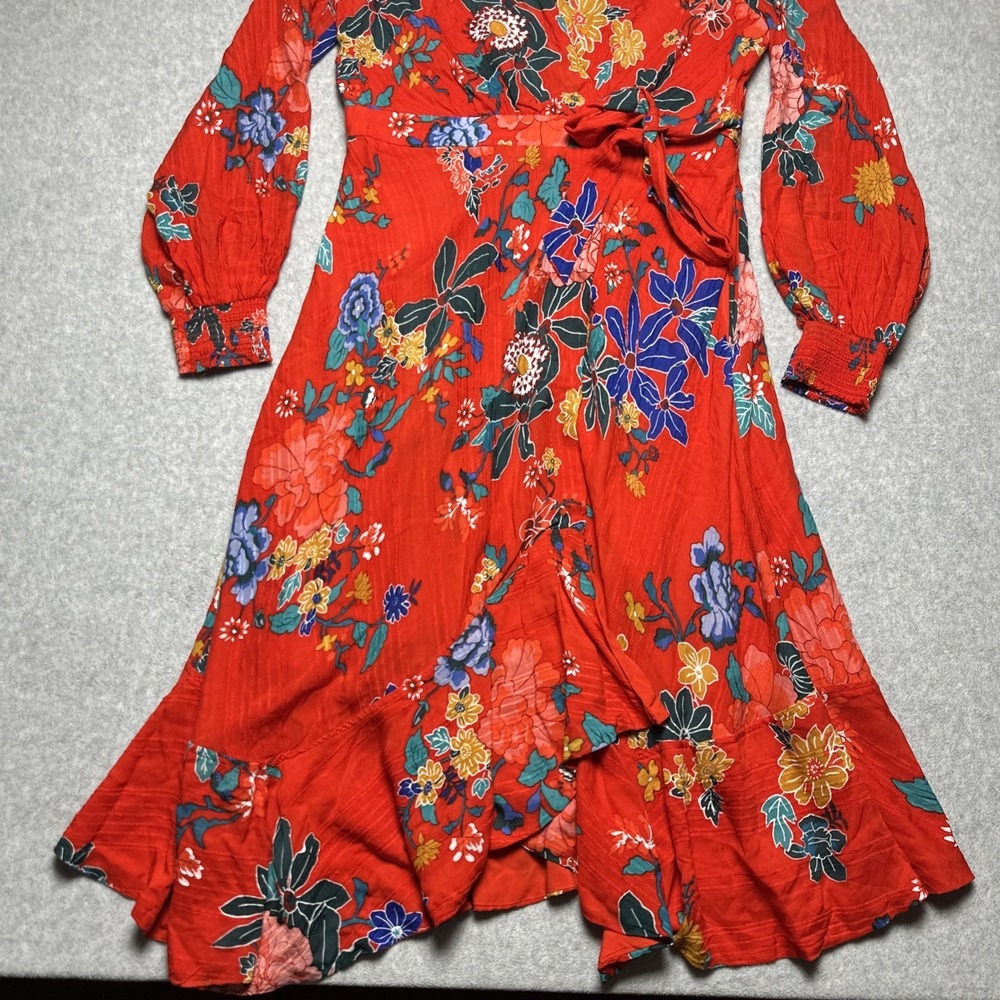 Anthropologie Boswell Textured Wrap Tunic Dress Red Floral Woman's Sz 12 - Picture 6 of 12